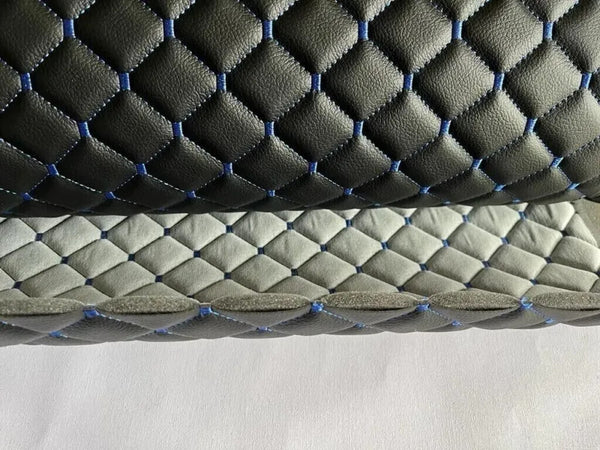 Leatherette Fabric Foam Quilted BLACK AND BLUE Car Seat Upholstery - Bazarry Auto
