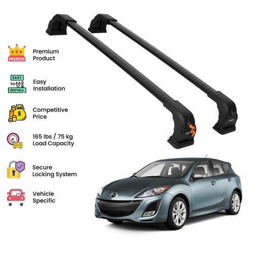 Black Premium Roof Rack Cross Bars For Mazda 3 2010-2019