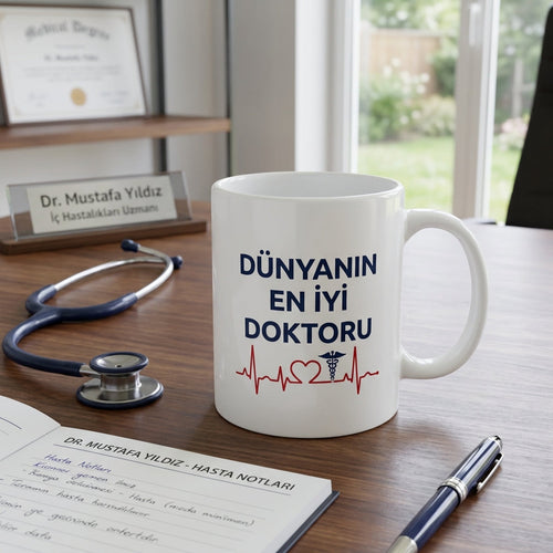 Dünyanın En İyi Doktoru Kalp Ritimli ve Steteskoplu Porselen Kupa 330 ml