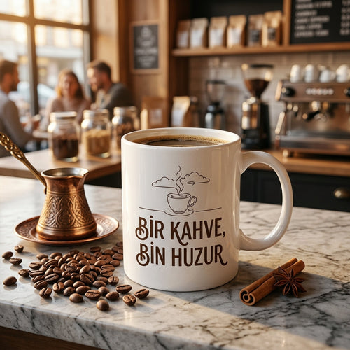 Bir Kahve Bin Huzur Minimalist Çizim Porselen Kupa Bardak 330 ml